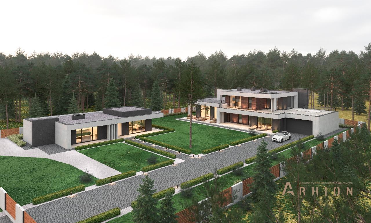 3. Проект двухэтажного дома в стиле хай-тек с плоской кровлей , M-390, площадью - 396 кв c терассой, балконом, гаражом